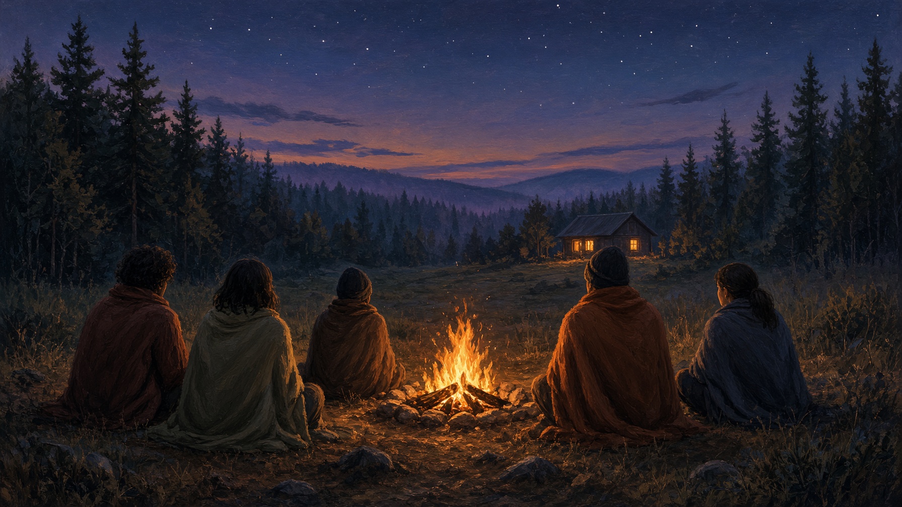 Conceptual visualization of people gathered around a small fire at dusk, with a cabin glowing beyond the trees.