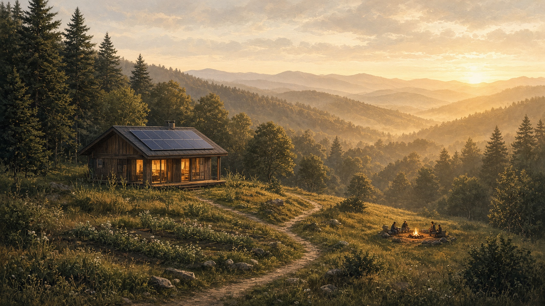 Conceptual visualization of a small timber cabin in a forest meadow at golden hour, with gardens, a trail, and a distant fire circle.